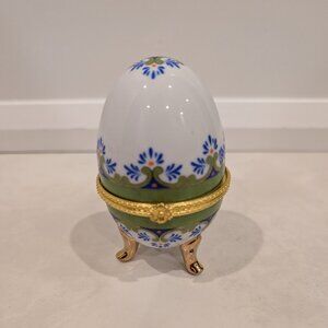 Hand Painted Egg Trinket Box with Blue and Green Design